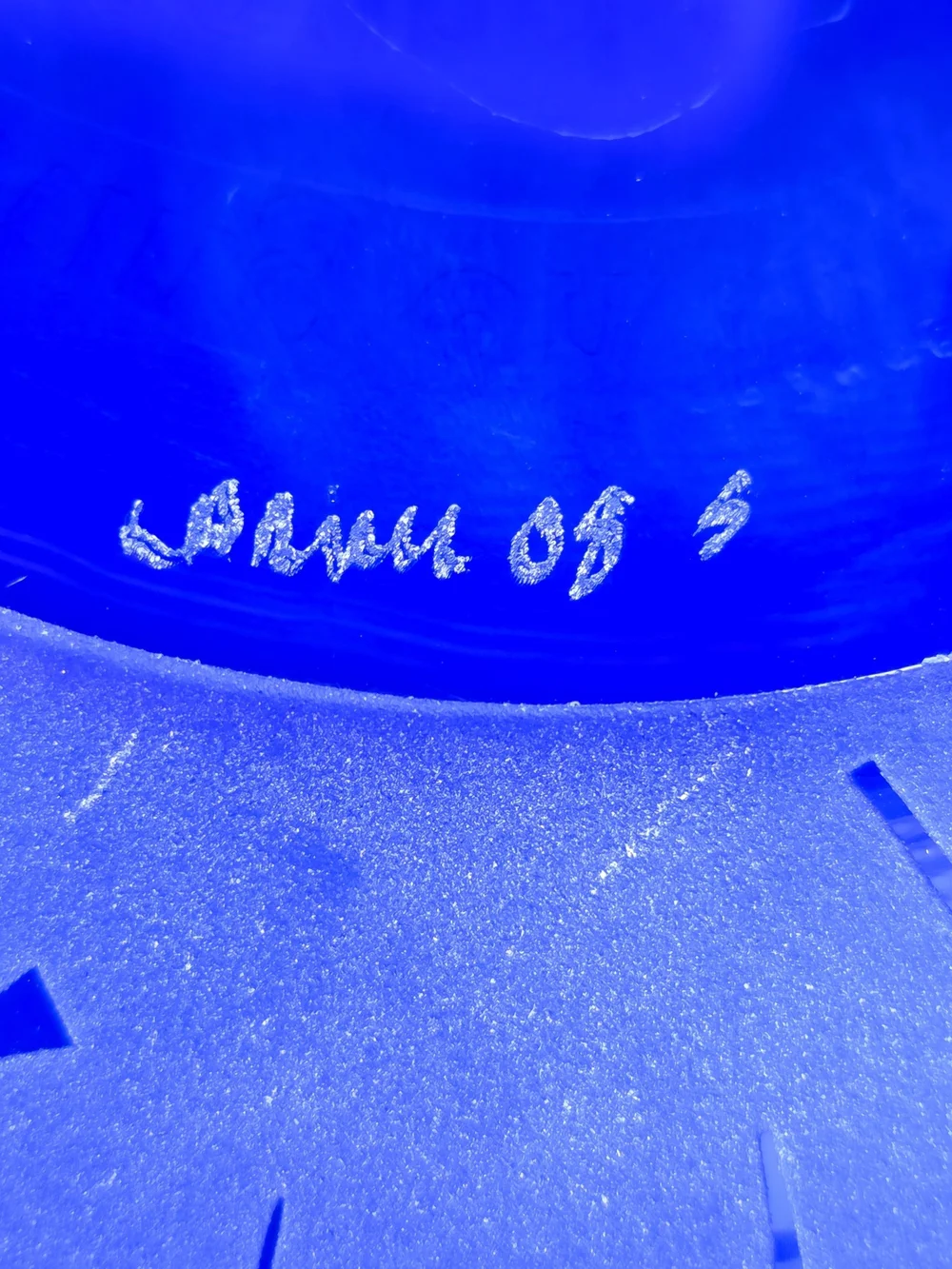Leandra Drumm Etched Blue Glass Bowl with Whimsical Figures 9
